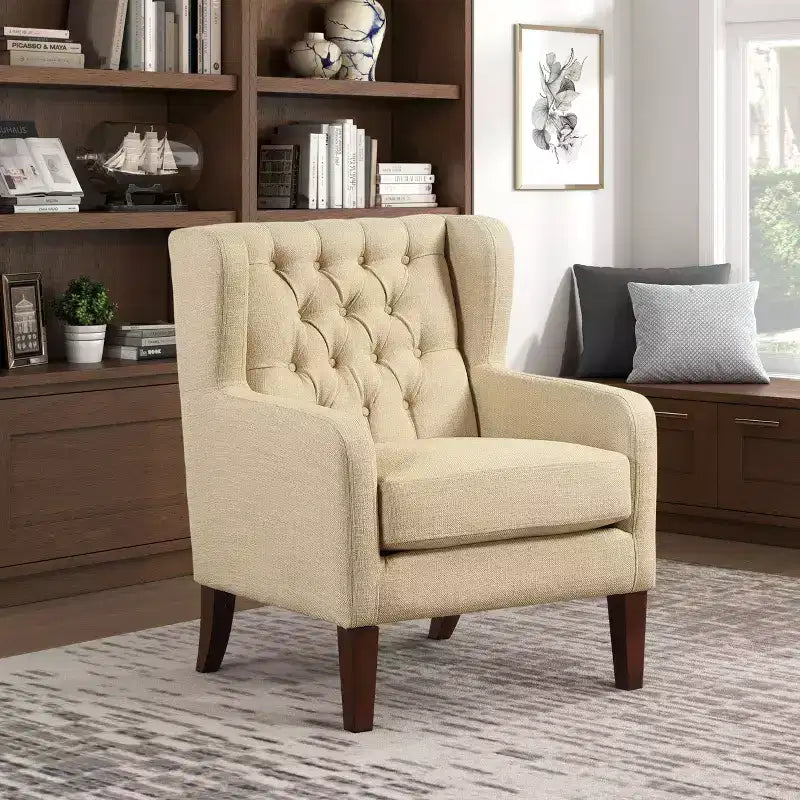 TUYOHW Wingback Accent Chair Upholstered Chair with Button-Tufted Back Pocket Coil Cushion Solidwood Legs Lounge Chair for Living Room Bedroom