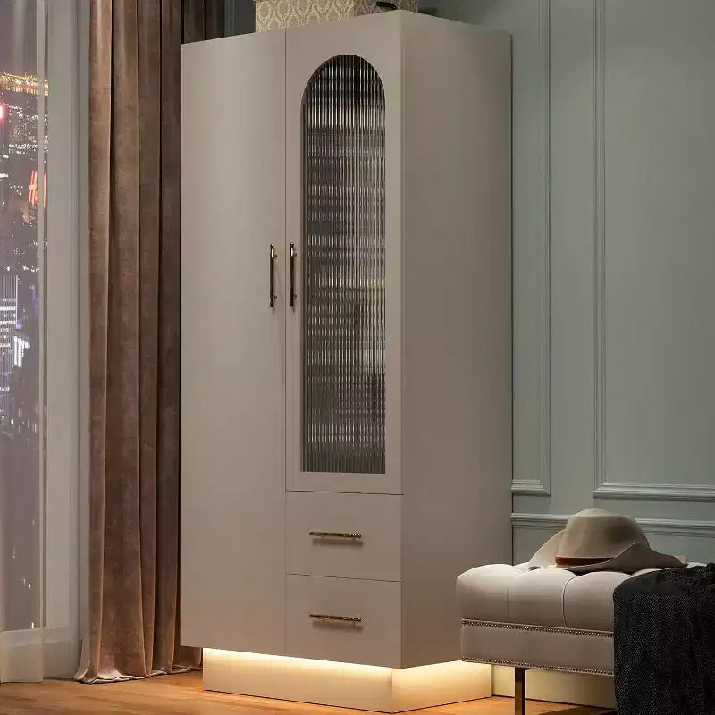 70 Tall Storage Cabinet with 2 Doors & 2 Drawers Modern Floor Storage Cabinet with Fluted Glass Door Hanging Rods & Adjustable Shelf White
