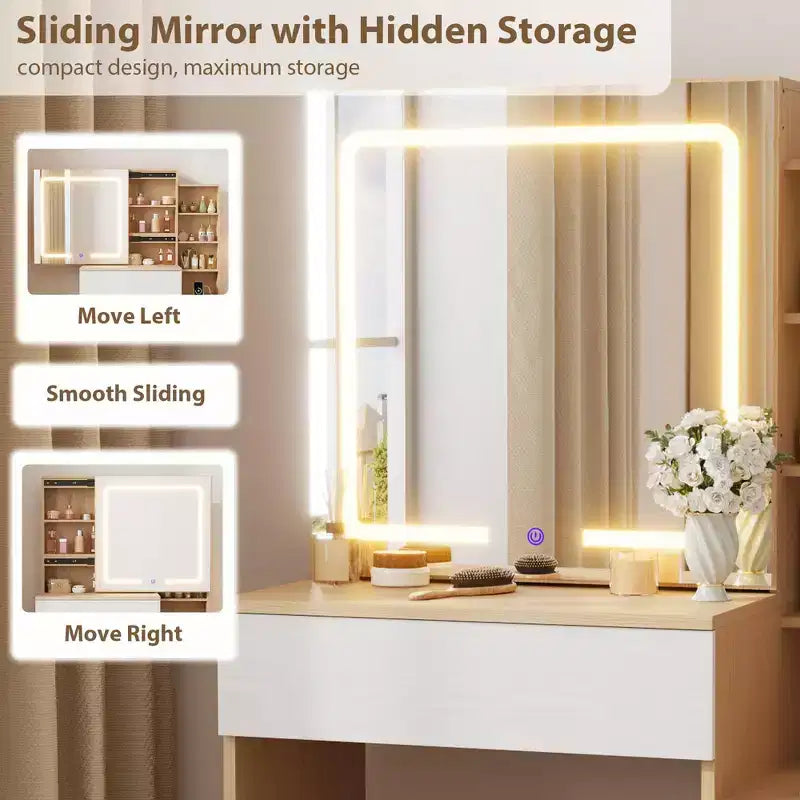 Coiffeuse avec miroir coulissant et éclairage