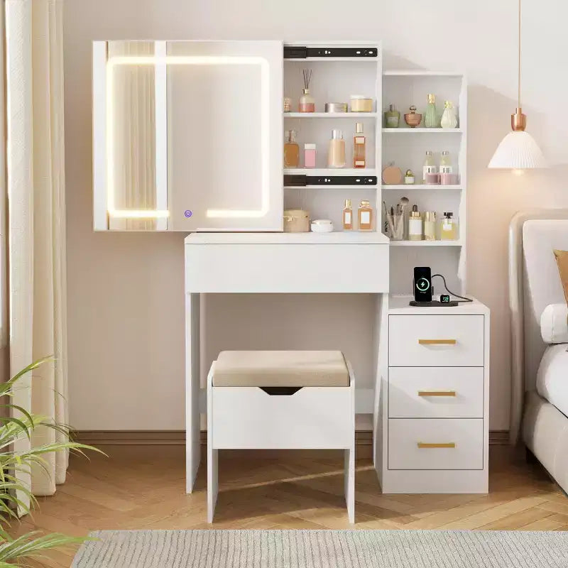 Coiffeuse avec miroir coulissant et éclairage