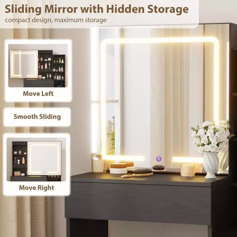 Coiffeuse avec miroir coulissant et éclairage