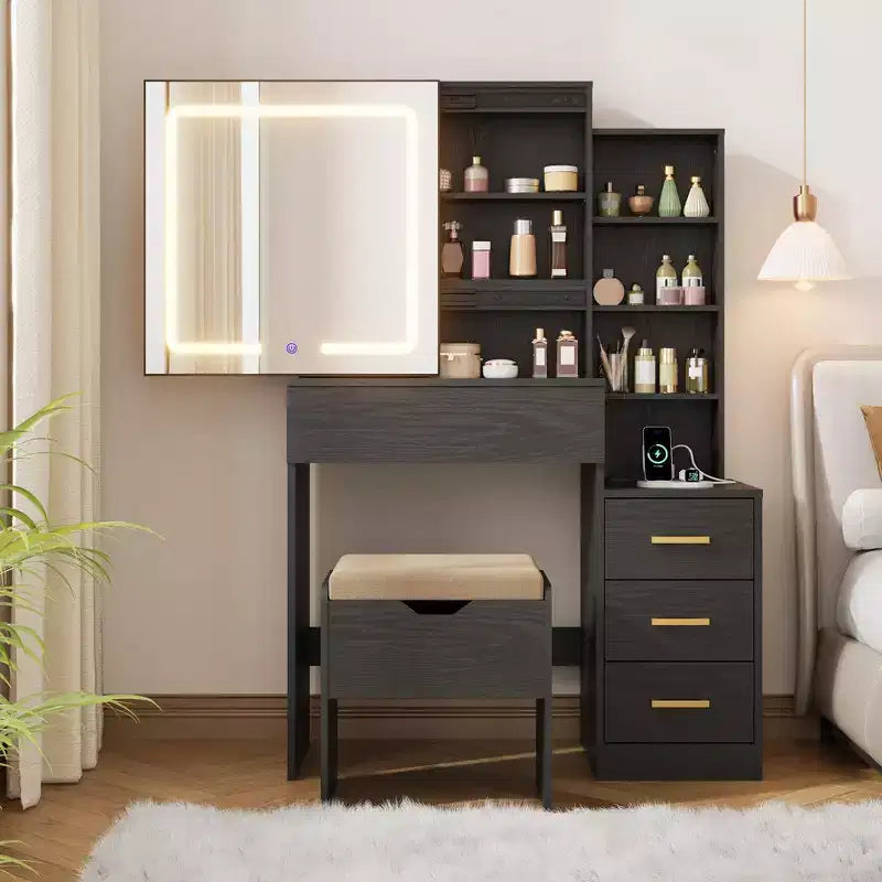 Vanity Desk with Sliding Mirror and Lights Dressing Table with Stool and Charging Station 3 Lighting Modes for Bedroom