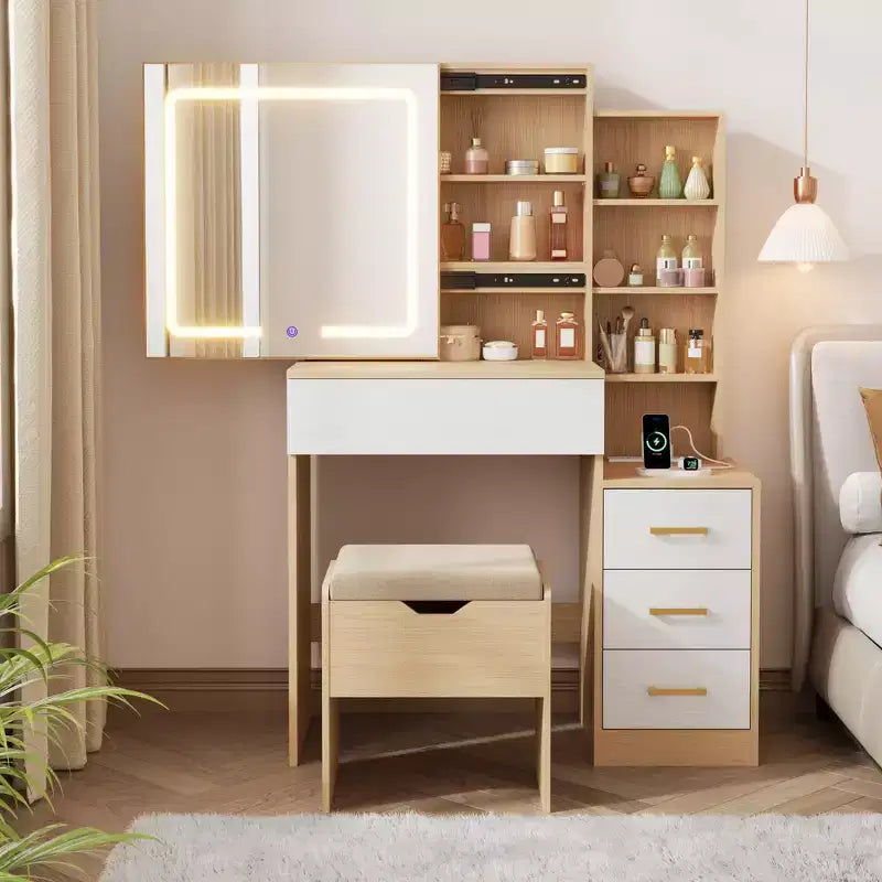 Coiffeuse avec miroir coulissant et éclairage