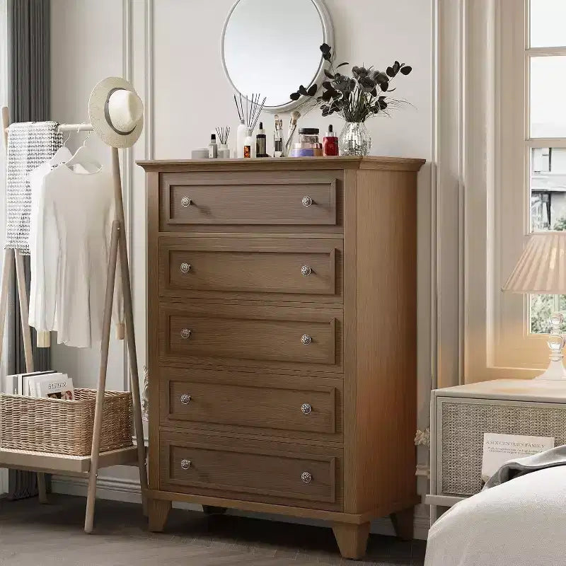 5 Drawer Dresser Wooden Storage Chest of Drawers with Exquisite Metal Handles Tall Storage Cabinet Modern Design Dresser for Bedroom Living Room