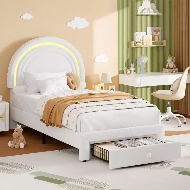 Twin Upholstered LED Bed Frame for Kids Storage Drawer and Rainbow Headboard Fleece Princess Platform Bed Wood Slat Support White