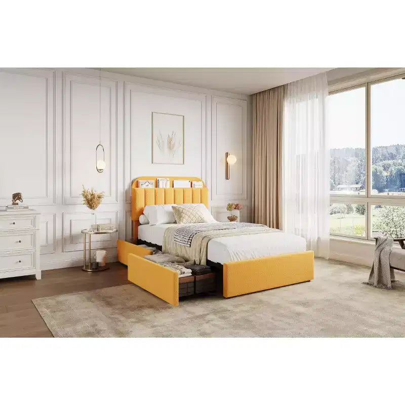 Acekool Twin Platform Bed Frame for Kids Upholstered Headboard with Storage Shelf 2 Rolling Drawers Noise Free No Box Spring Needed Yellow