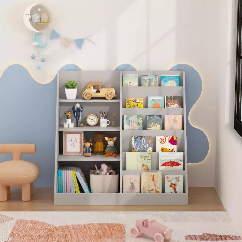MAYEERTY Bookshelf and Toy Storage Organizer 4 Tier Wooden Book Shelf with Bookcase Display Stand in Kids Room Playroom Gray