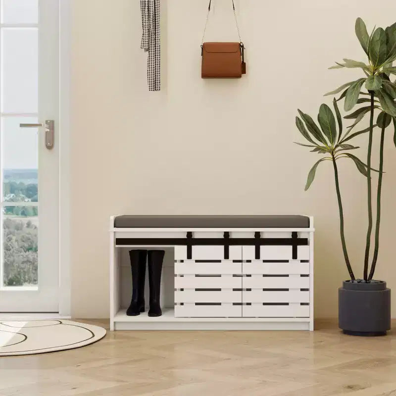 MAYEERTY 2-Tier Entryway Shoe Storage Bench 2 Sliding Barn Doors Removable Padded Seat Hallway Bedroom White