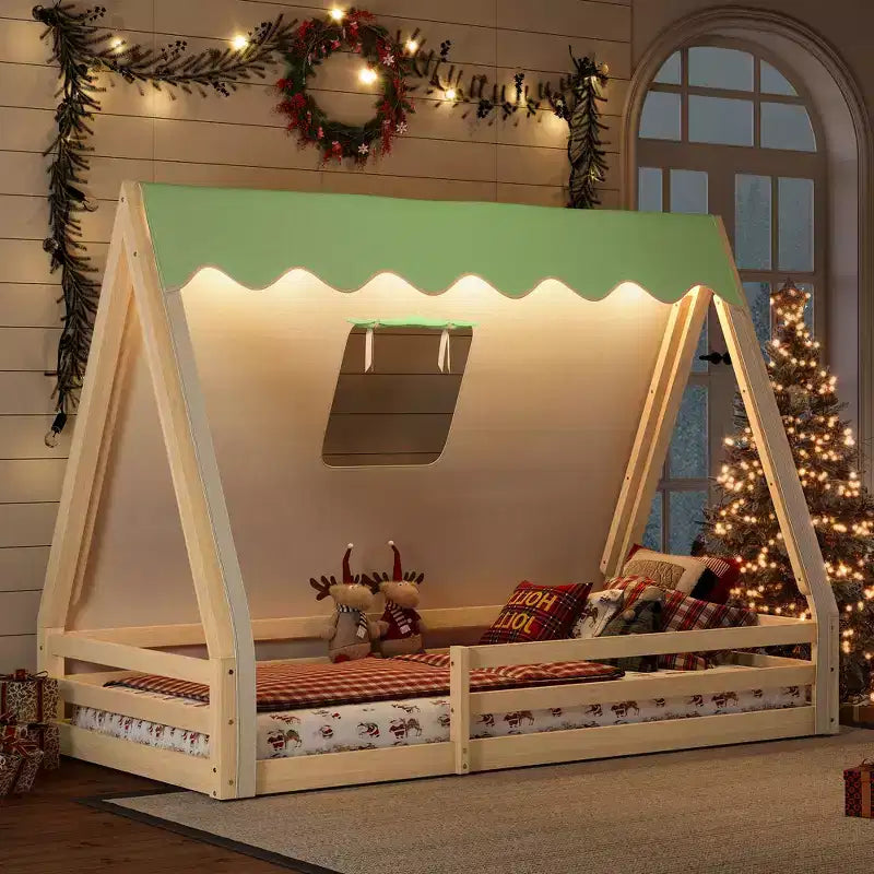 Lit de sol cabane avec tente LED