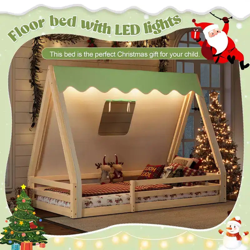 Lit de sol cabane avec tente LED