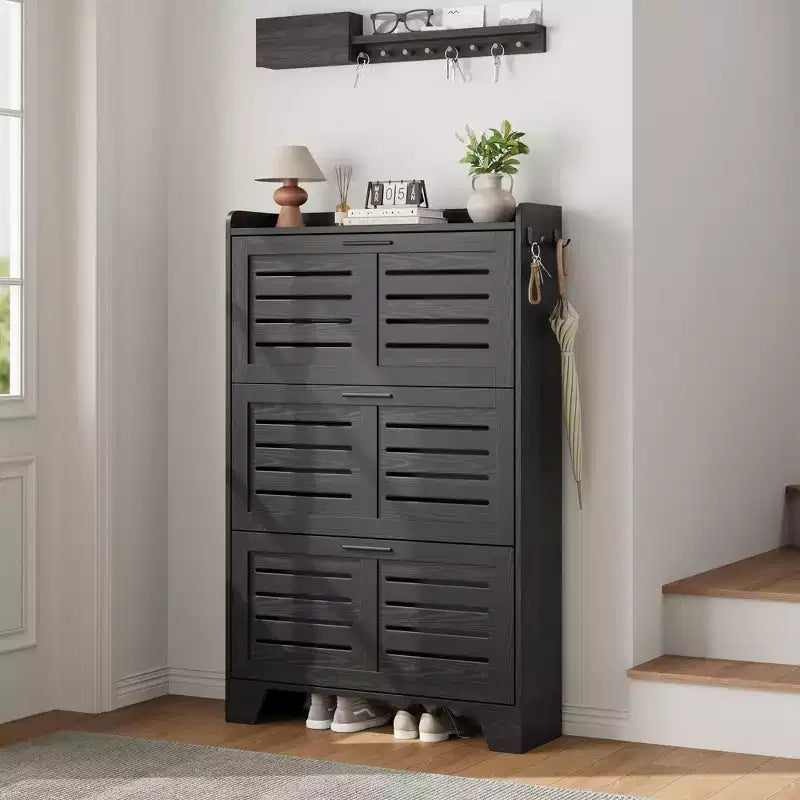 Shoe Storage Cabinet with 3 Flip Drawers and 2 Side Hooks Freestanding Shoe Organizer Storage for Entryway Farmhouse Hidden Shoe Cabinet Black