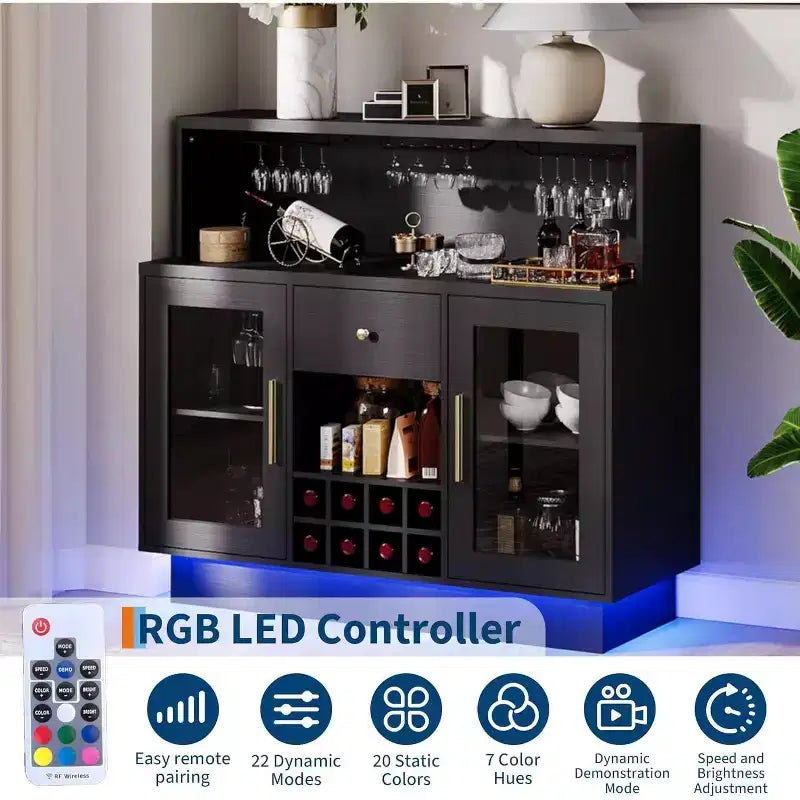 Modern Bar & Coffee Station with LED Lights Lockable Glass Door & Spacious Countertop for Kitchen Living Game Room Holds 8 Bottles & 15 Glasses