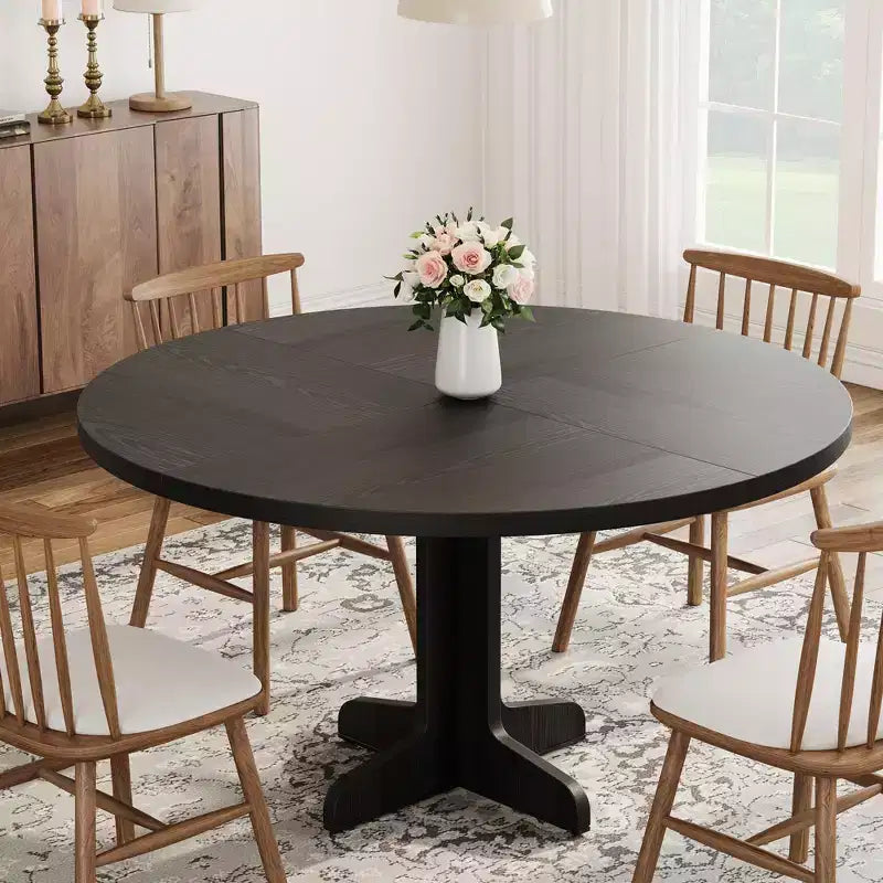 47 Round Farmhouse Dining Table for 4 - Wood Tabletop Circle Kitchen Table with Stable Base Ideal for Home Dining Room & Living Room(Only Table)