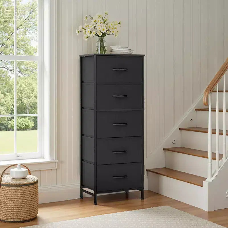 Cozy 5-Drawer Fabric Dresser with Steel Frame and Wood Top Lightweight Storage Organizer for Bedroom Closet Entryway Living Room