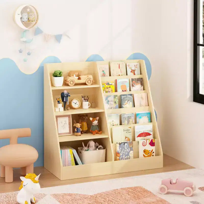 4-Tier Wooden Kids Bookshelf with Toy Storage Front-Facing Book Display Organizer for Kids Room Natural