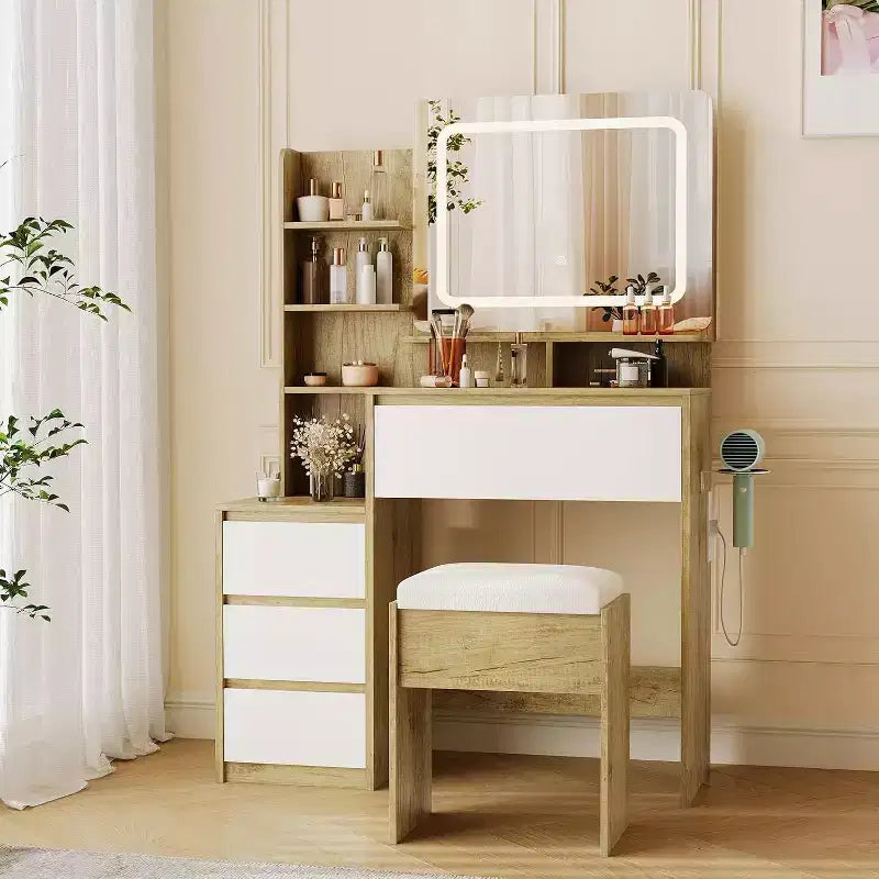 Makeup Vanity Desk with Mirror and Lights with Drawers Stool Dressing Table for Bedroom Women
