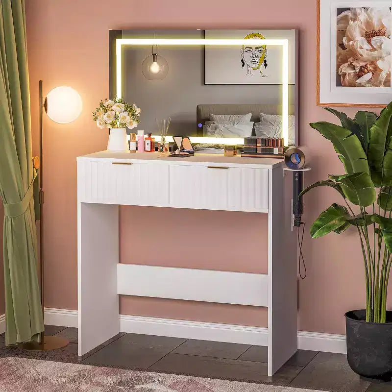 Fluted Vanity Desk with Large Mirror Makeup Vanity with 2 Drawers Make Up Table for Bedroom