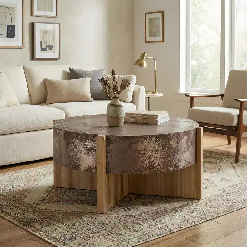 ModernLuxe Round Rustic Coffee Table Center Table Vintage Industrial Accent Table with Distressed Rust Finish & Wood Legs Natural