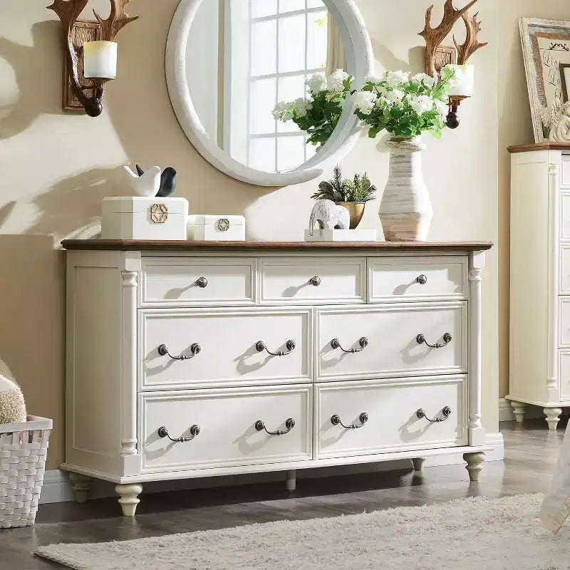BALHAM TRADE-Farmhouse 7 Drawers Dresser Chests 4 Solid Wood Feet for Bedroom Living Room