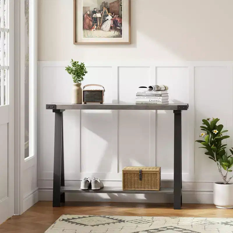 Farmhouse 2-Tier 43.3 Console Table Metal Frame & MDF Narrow Sofa Table with Storage Behind Couch Table for Entryway Living Room Hallway
