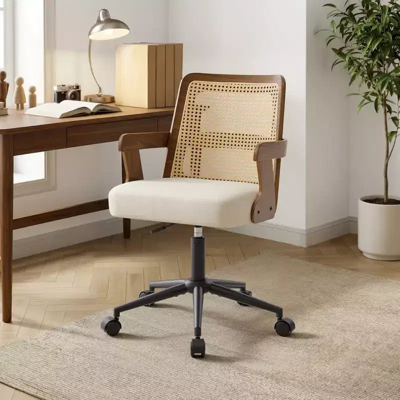 Bekrvio Mid-Century Home Office Chair Walnut Bentwood Arm Chair with Cane Back Adjustable Swivel Desk Chair