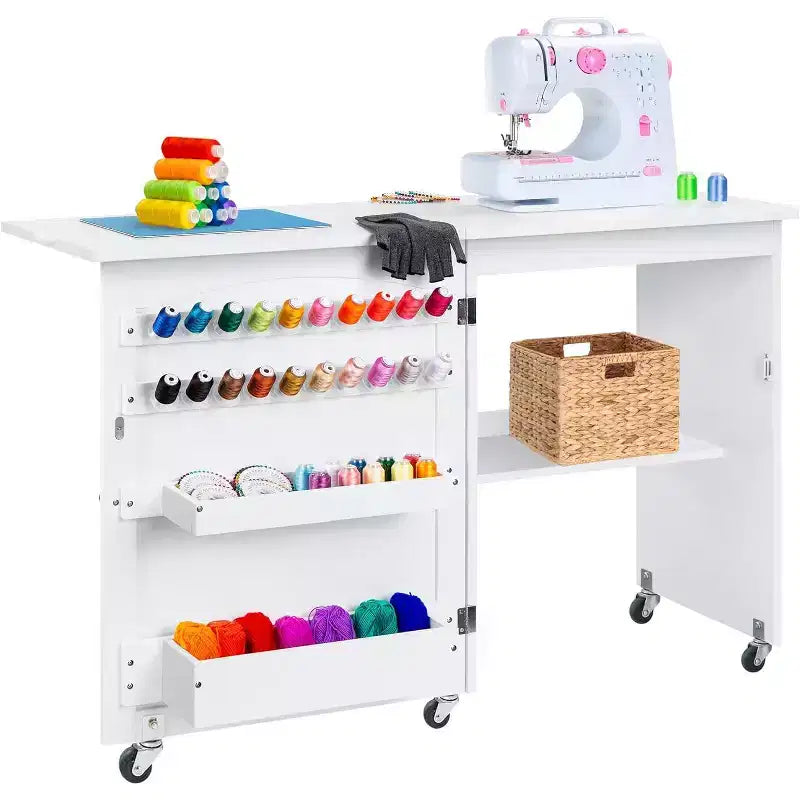 CuisinSmart Folding Sewing Table - Multipurpose Sewing Machine Cabinet 16 Pegs 2 Storage Trays Craft Station Side Desk Cart on Lockable Wheels