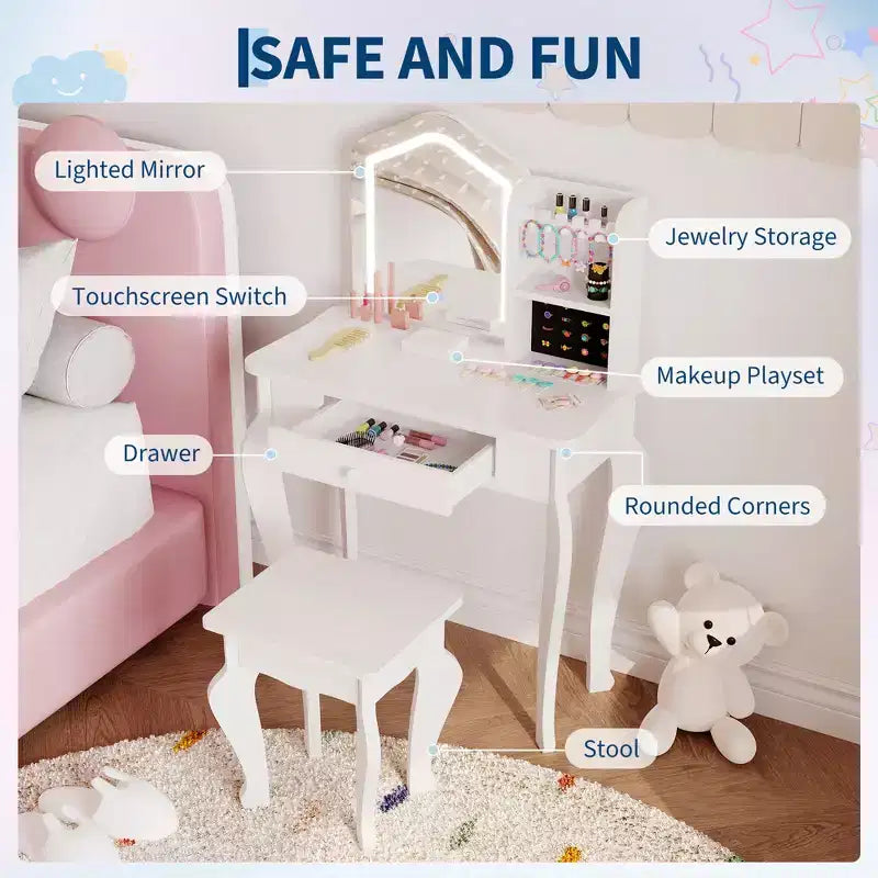 Table de toilette pour enfants avec miroir lumineux