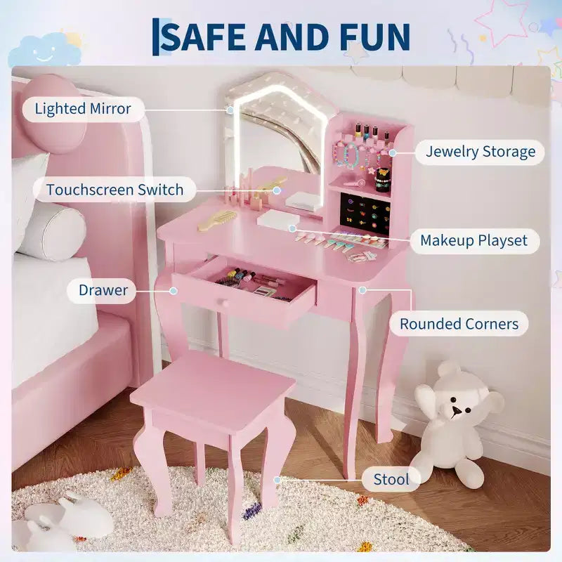 Table de toilette pour enfants avec miroir lumineux