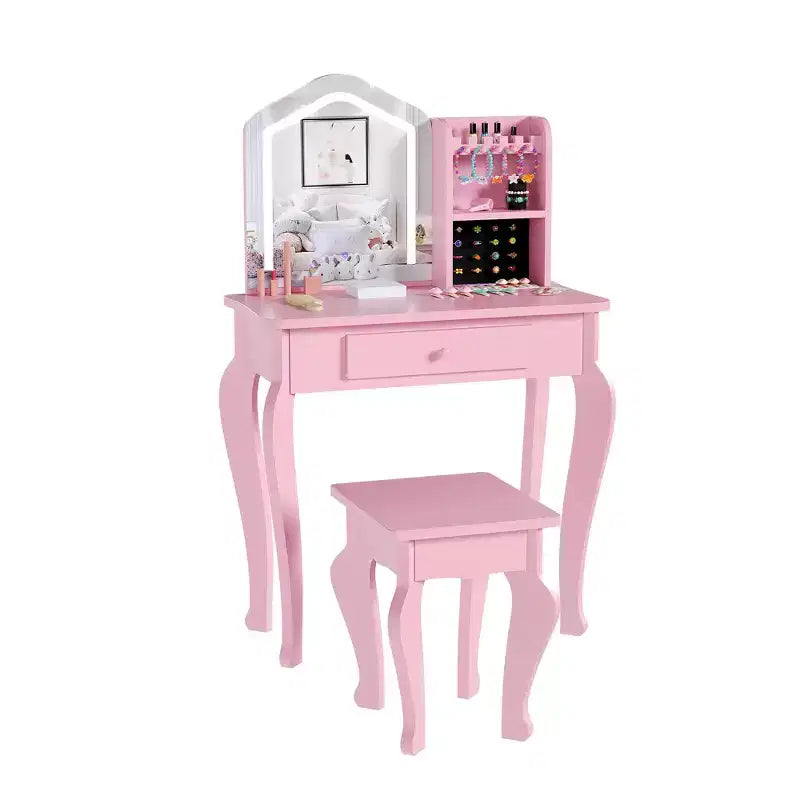 Kids Vanity Table with Lighted Mirror and Stool Pretend Makeup Dressing Set with Storage for Girls Ages 38